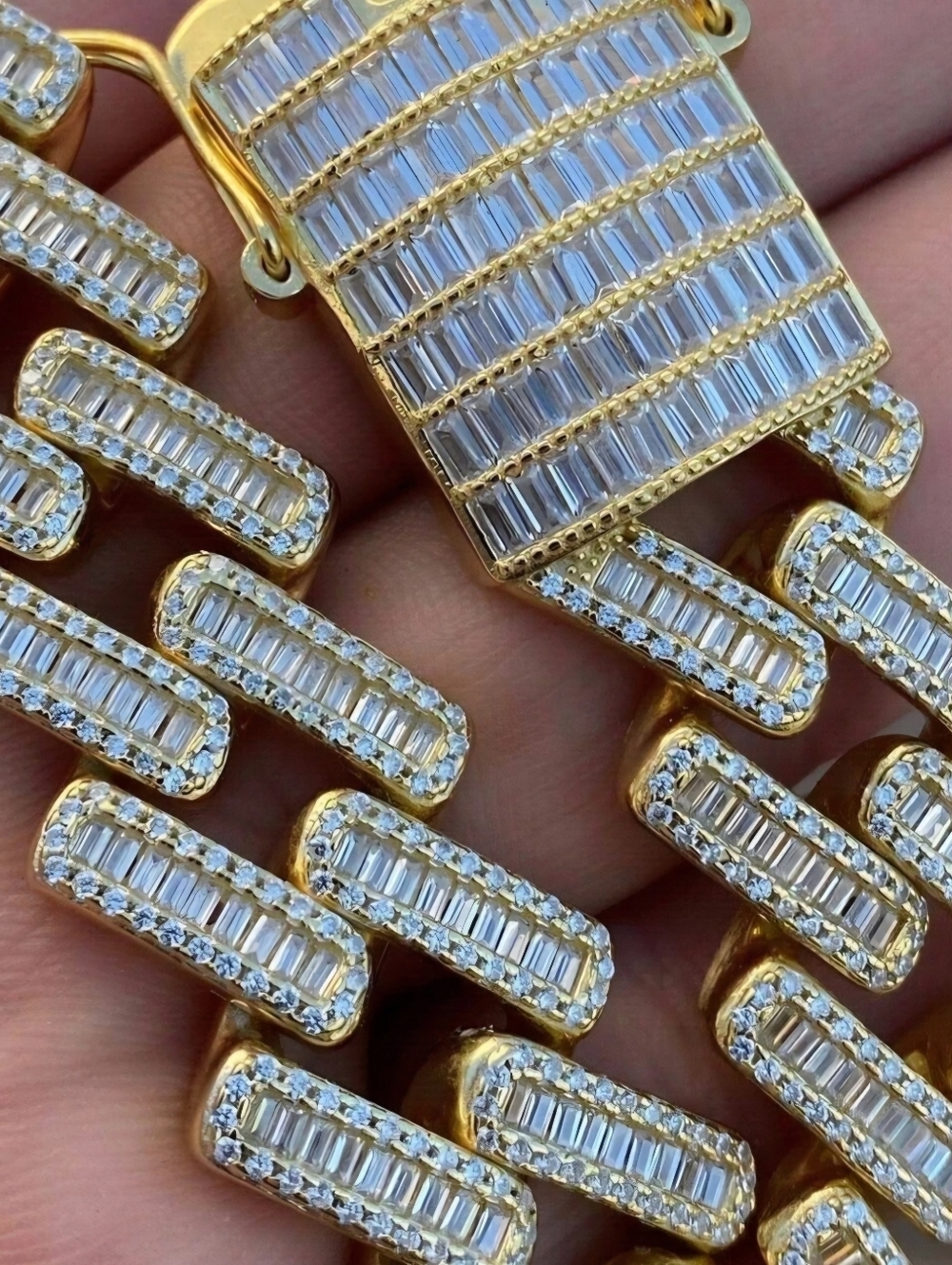 Baguette Prong Miami Cuban Link Chain Necklace Iced Out CZ Stones - 14k Gold Ver - Picture 8 of 12